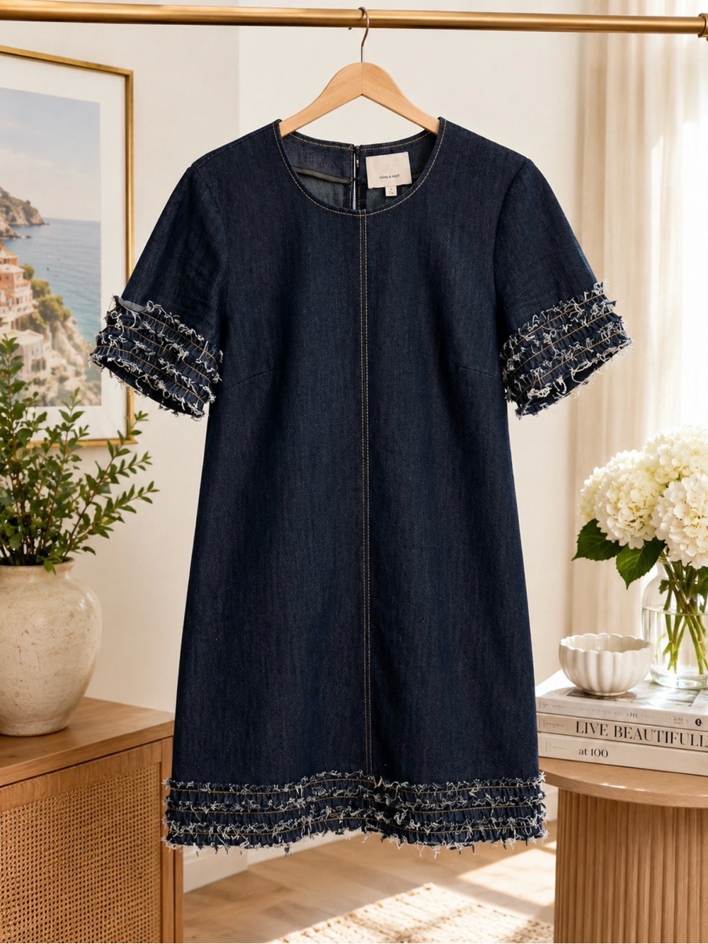 Cinq à Sept Ashton Denim Mini Dress Indigo Fringe Trim Short Sleeve Designer